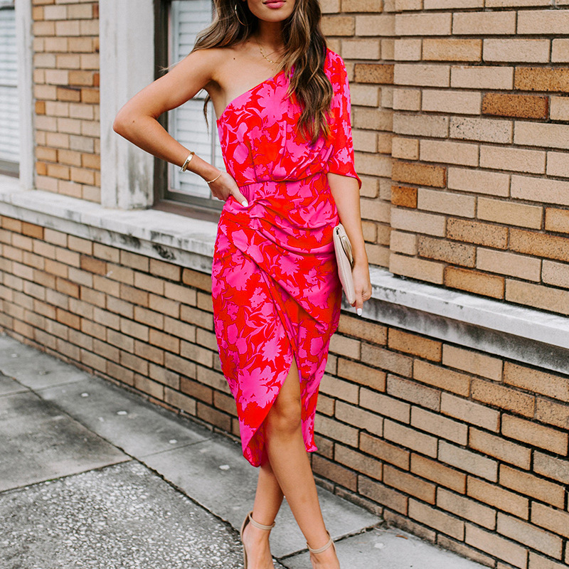 Sexy One-Shoulder Open-Back Print Midi Dress