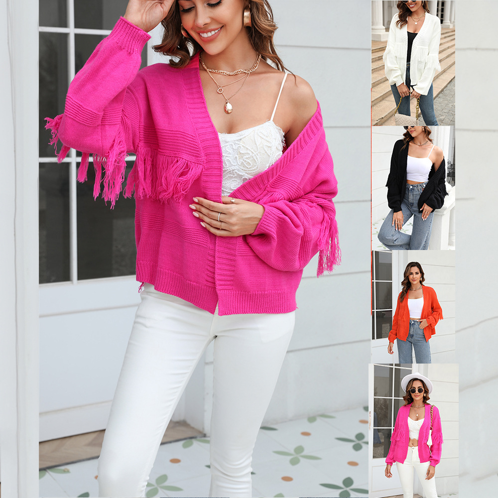 Women's Short Knit Cardigan with Fringe Trim