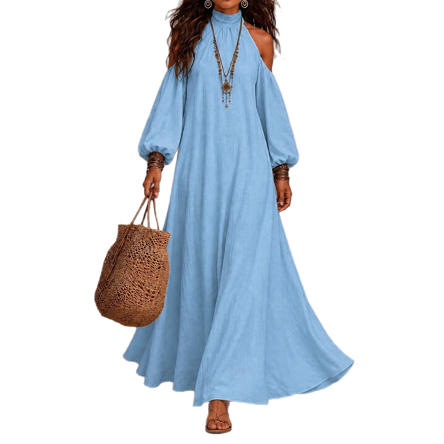 Women's Off-Shoulder Halter Neck Lantern Sleeve A-Line Maxi Dress