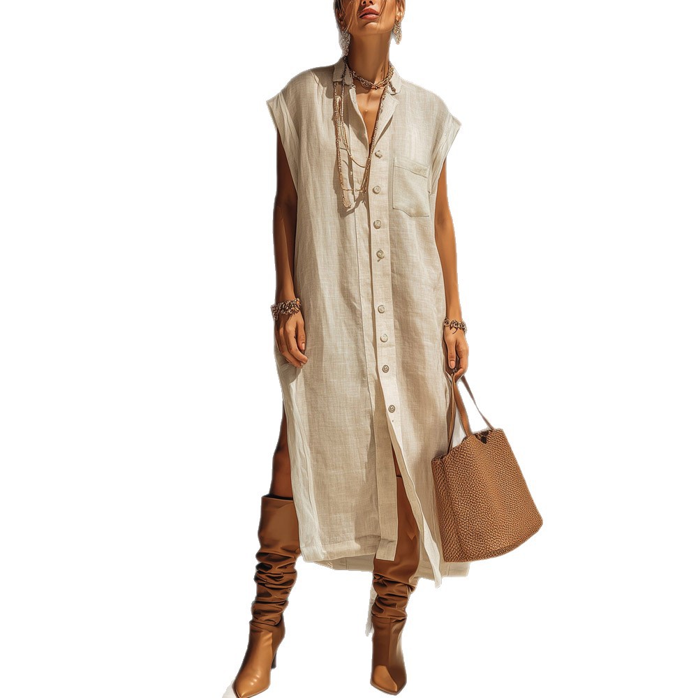 Women's Summer Cardigan Shirt Dress Solid Color Loose Split Casual Midi Dress