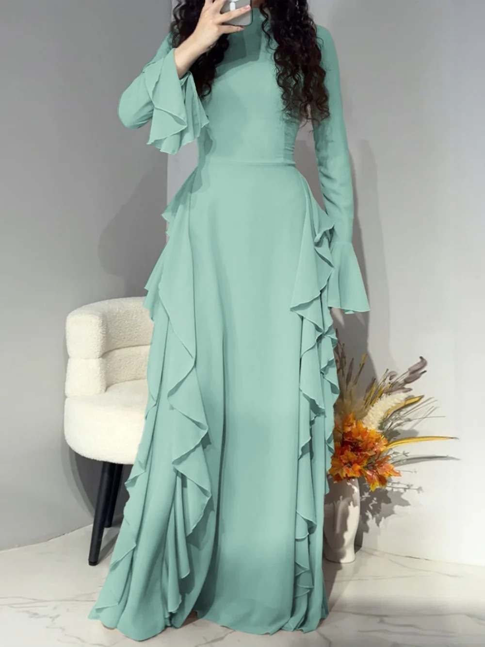 Elegant High-Waist Solid Bell-Sleeve Long Dress