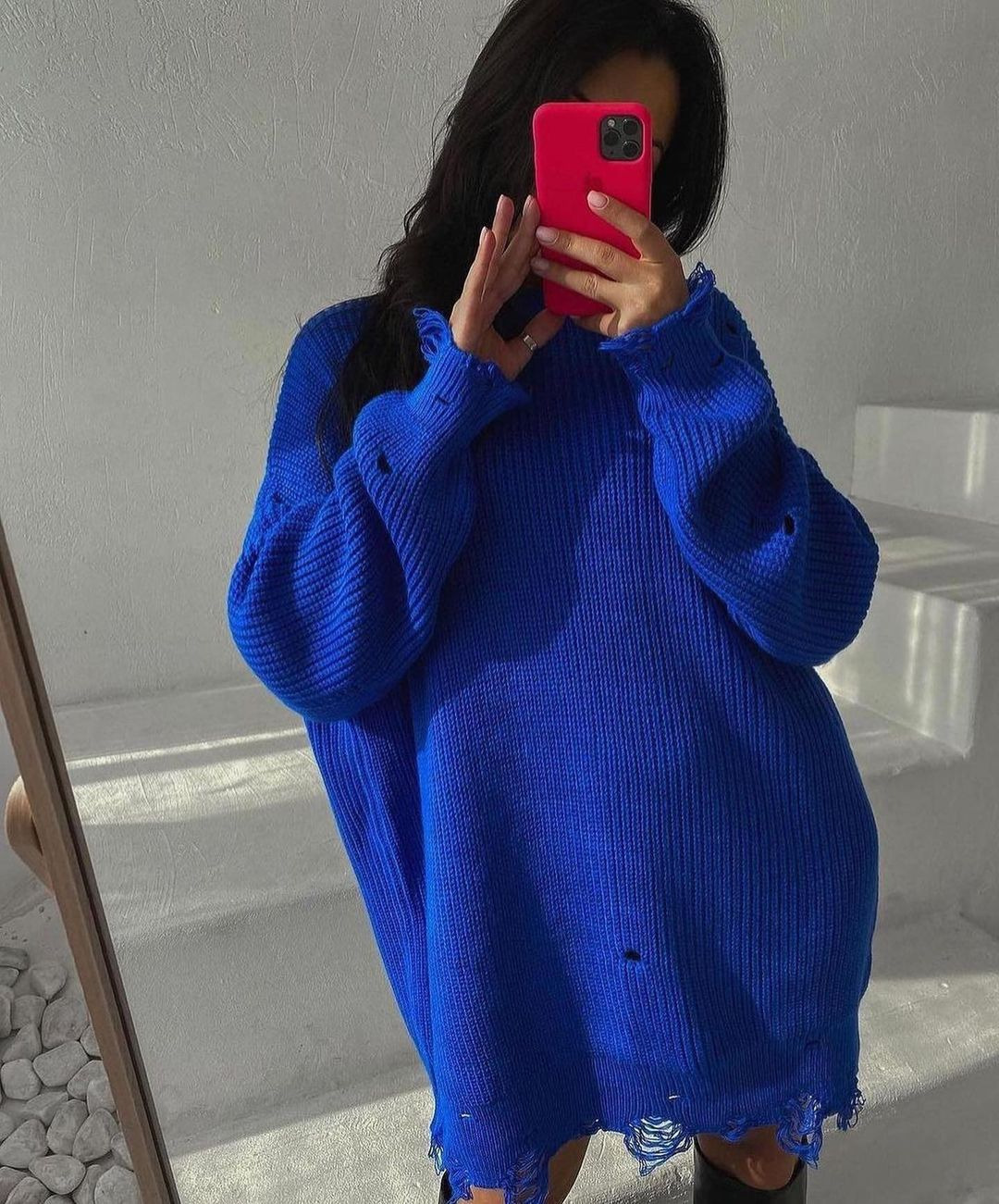 Distressed Knit Crewneck Loose Midi Long-Sleeve Sweater