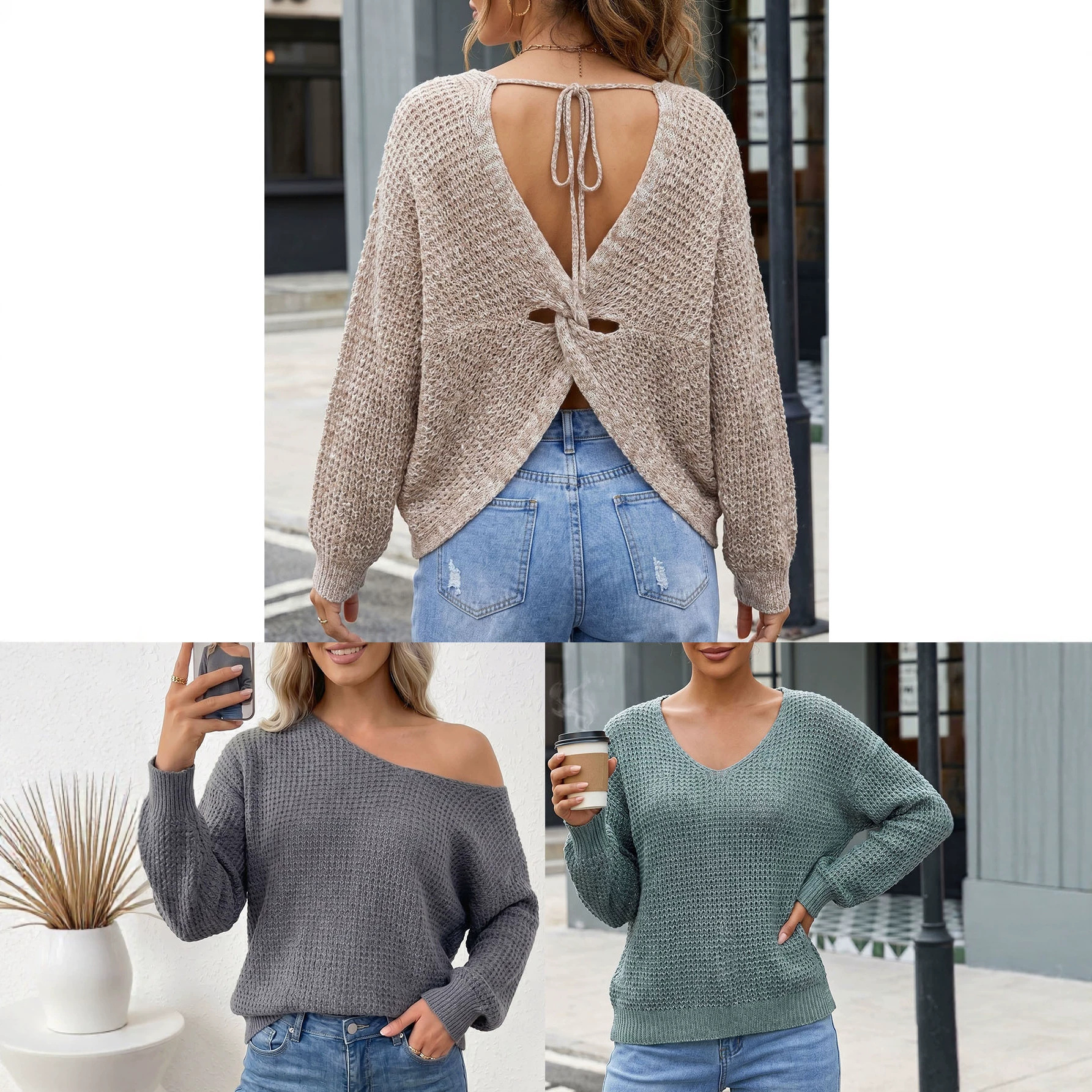 Women's Sexy V-Neck Open Back Lace-Up Cross Pullover Sweater Loose Knit Top