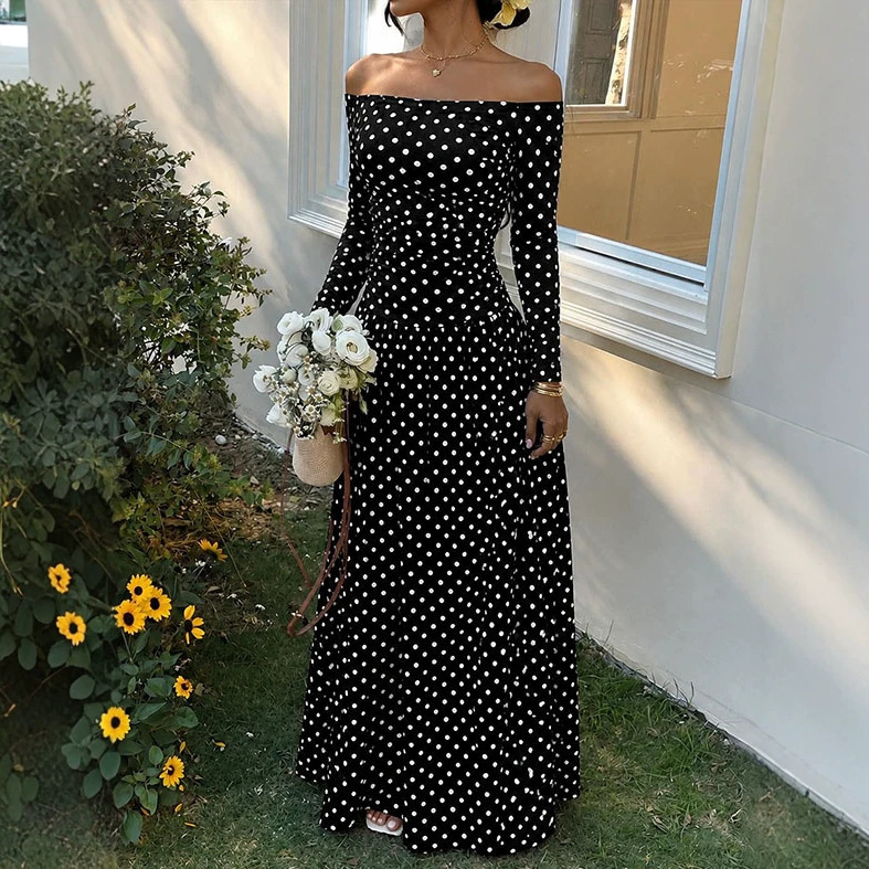 Sexy Off-Shoulder Polka Dot A-Line Dress with Waist-Cinching Silhouette