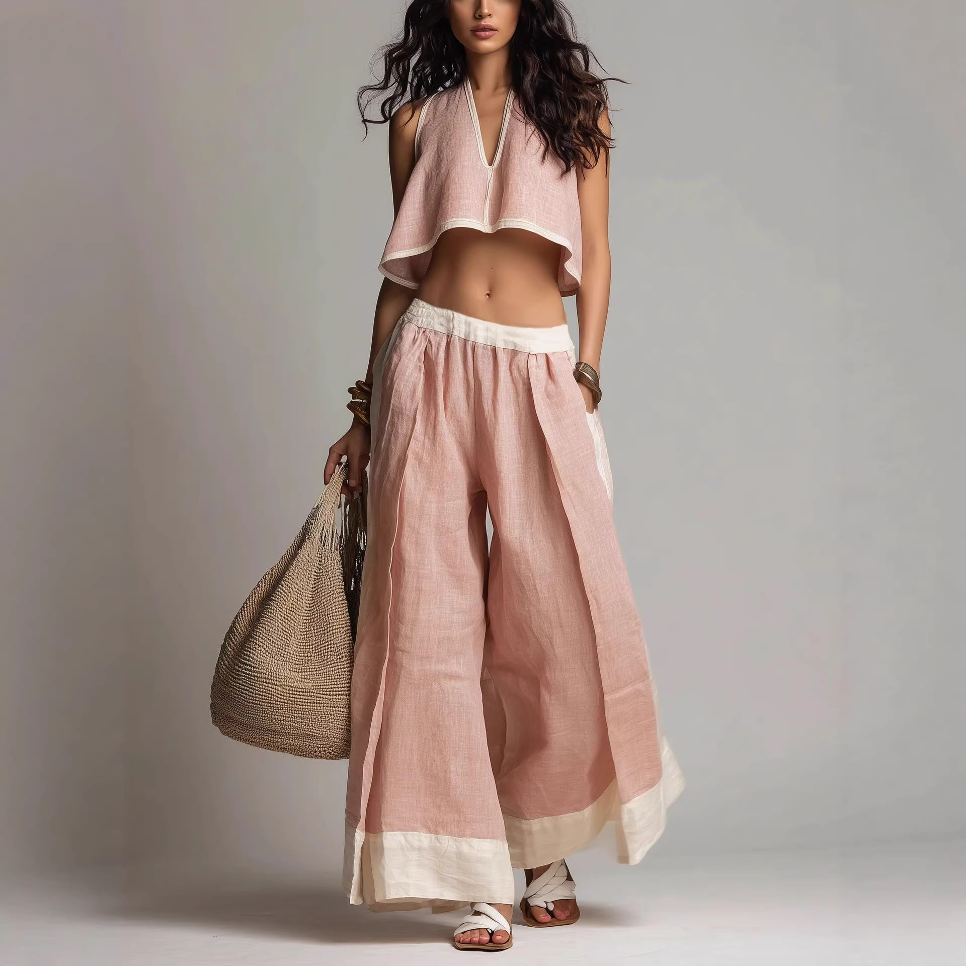 Women's Sleeveless V-Neck Two-Piece Set Solid Color Casual Summer Outfit
