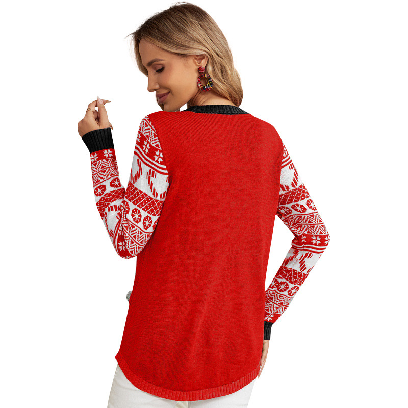 Christmas Pullover Sweater with Cat Embroidery Jacquard Knit