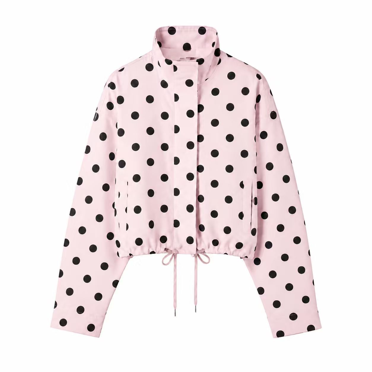 Women's Polka Dot Zip-Up Jacket with Drawstring Stand Collar