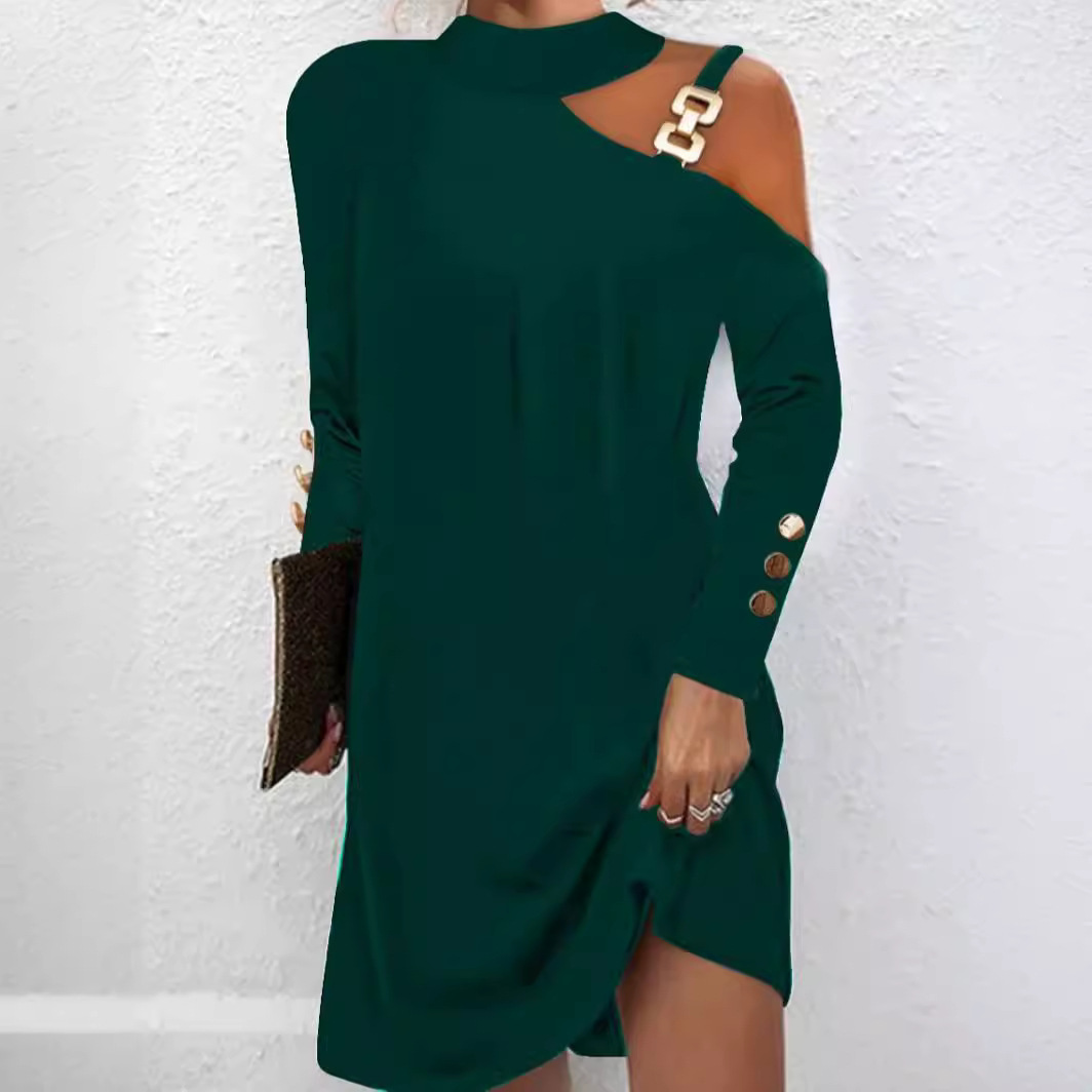 Women's Halter Neck Button Dress with Metal Accents