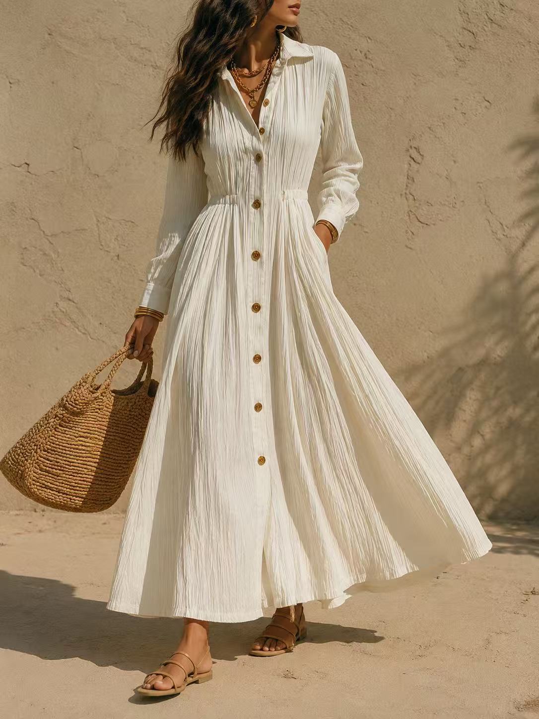 Single-Breasted Multi-Button Pleated Solid Color Long Sleeve Dress