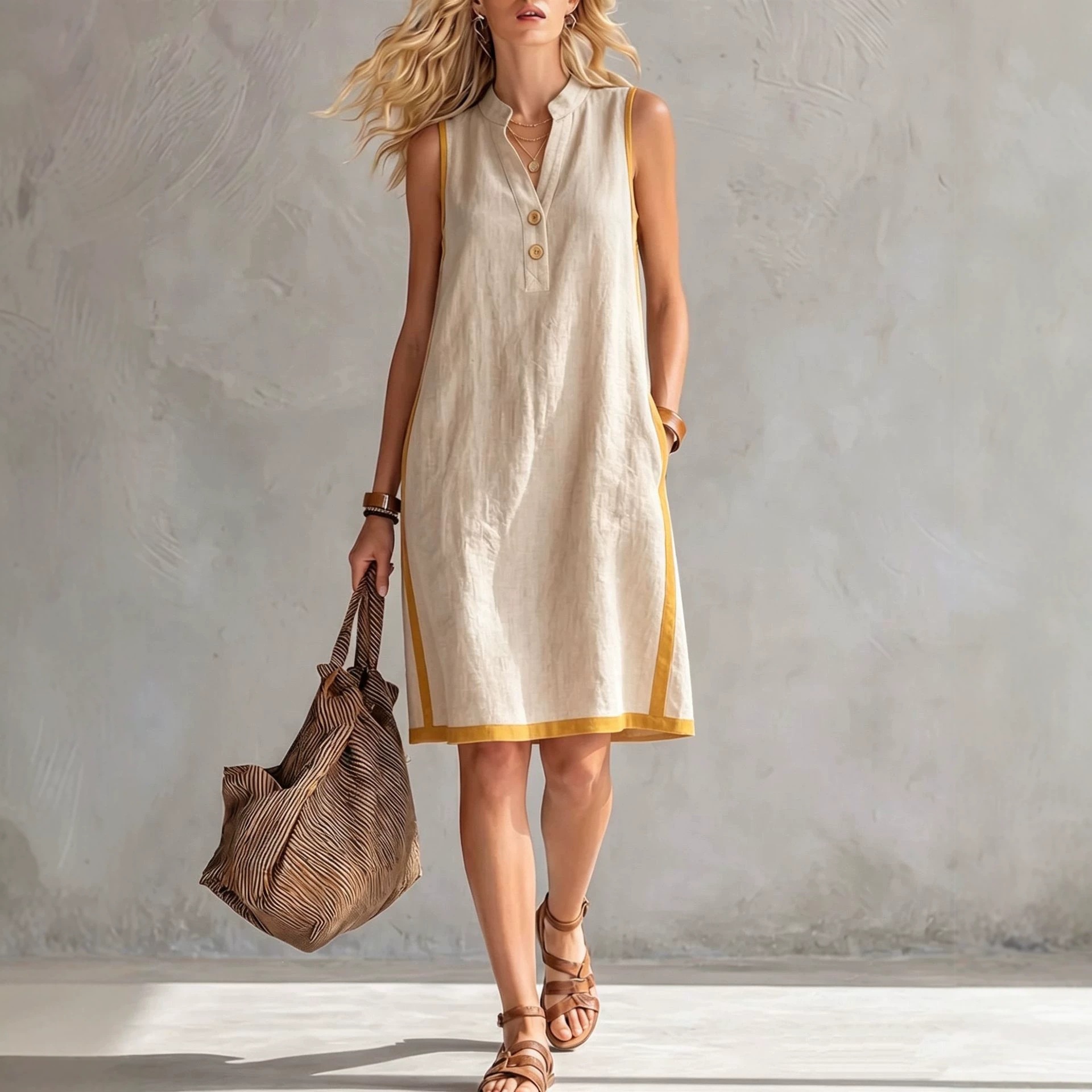 V-Neck Button-Down Sleeveless Midi Dress with Contrast Trim and Pockets