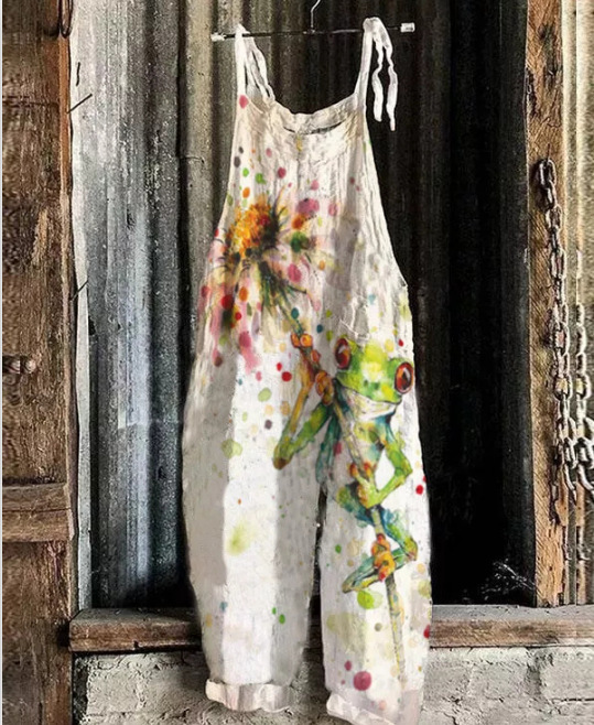Women's Printed Cotton-Linen Cami Jumpsuit Sleeveless Wide-Leg Beach Romper