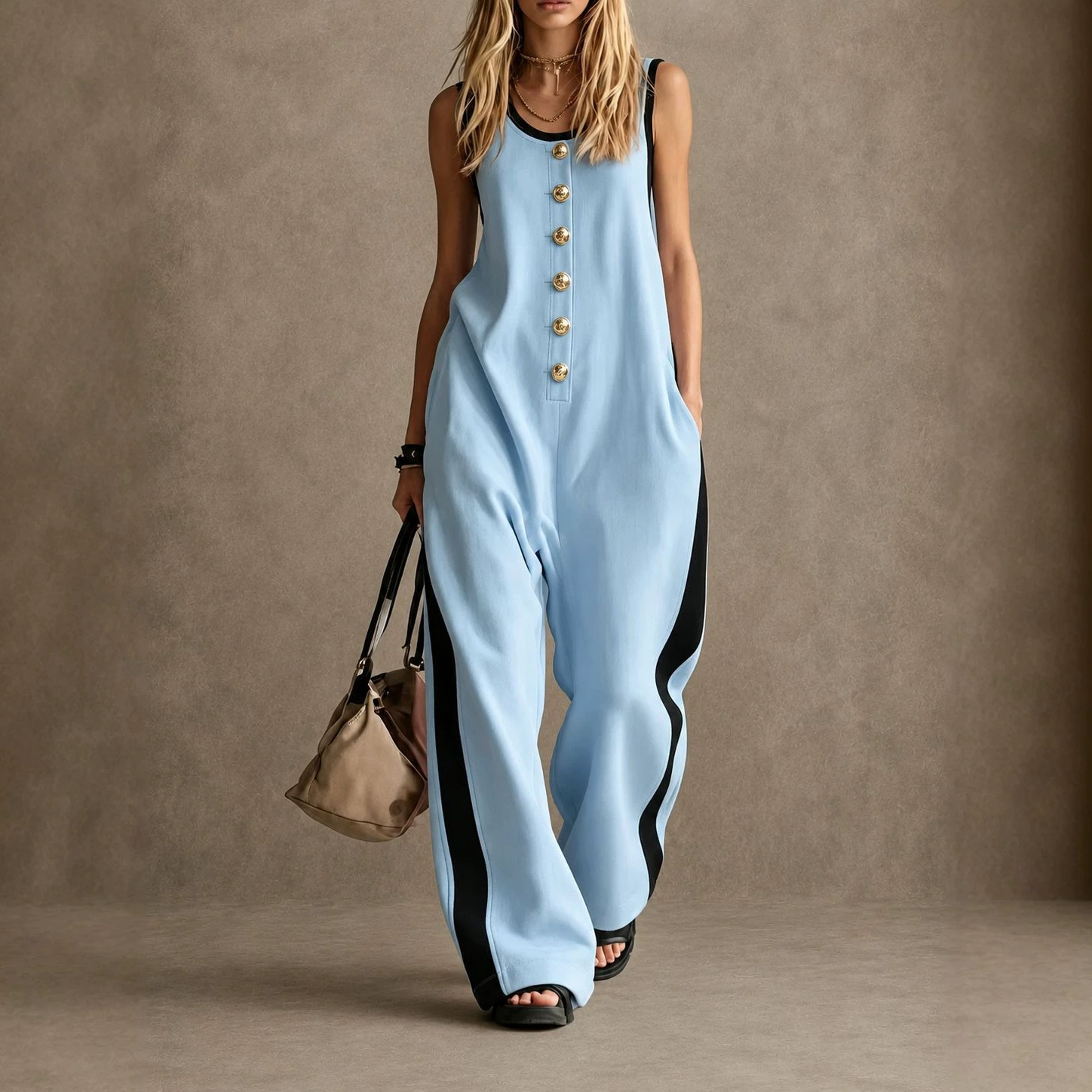 Women's Sleeveless Round Neck Colorblock Jumpsuit with Button Detail