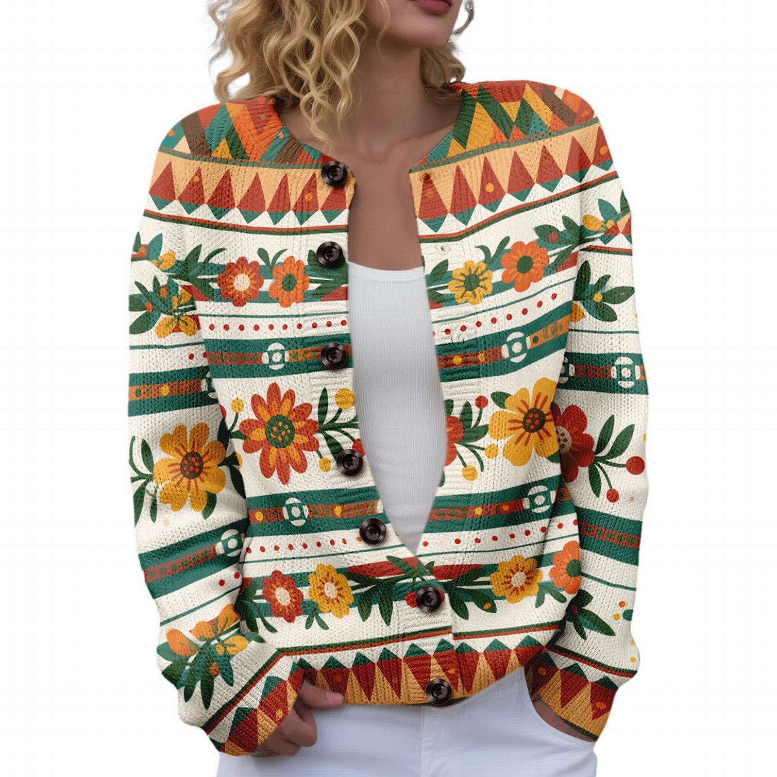 Women's Floral Maple Leaf Print Button Cardigan