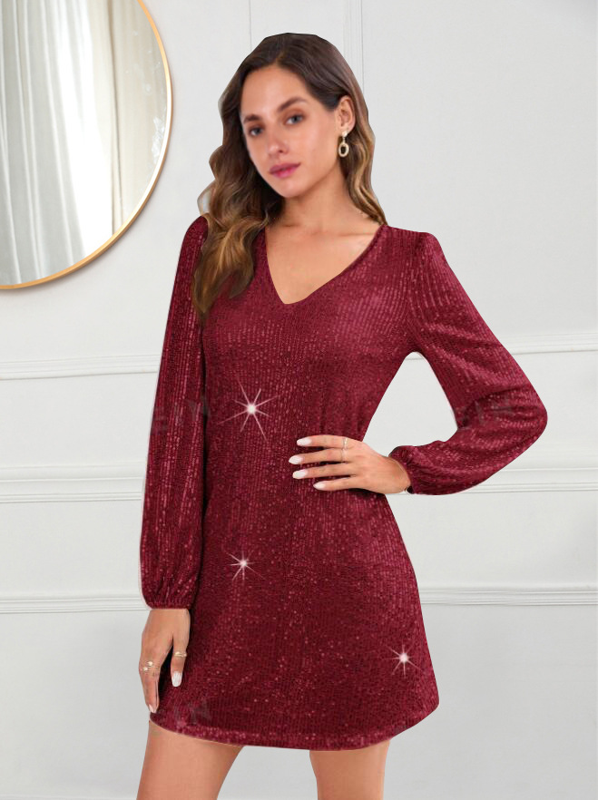 Elegant Solid V-Neck Long Sleeve Sequin Bodycon Dress