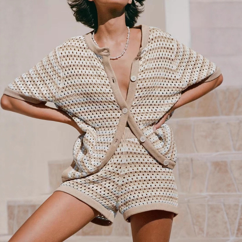 Women's Striped Knit Cardigan & Shorts Set with Collar