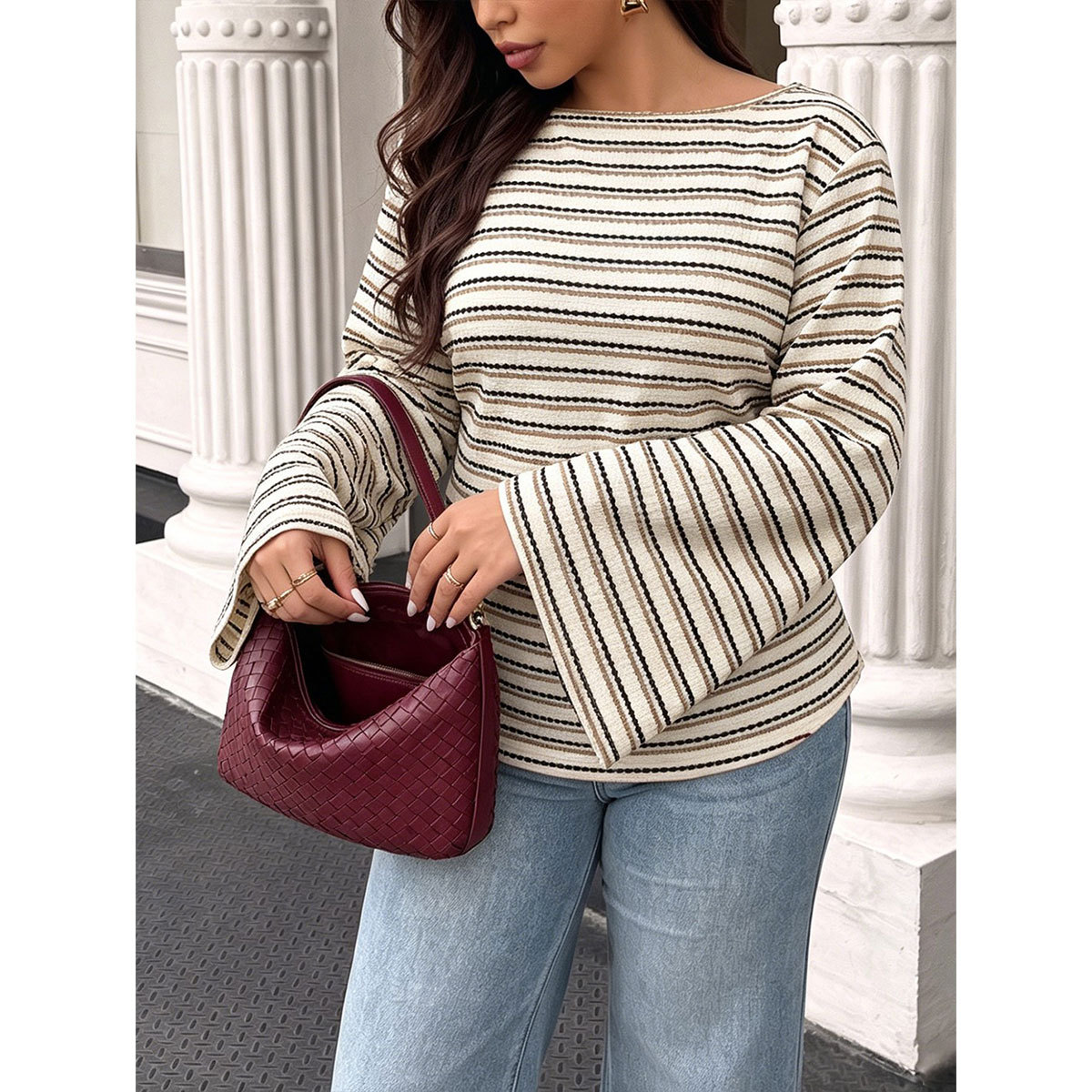Women's Plus Size Striped Bell Sleeve Top Round Neck Loose Fit Long Sleeve Casual Tee