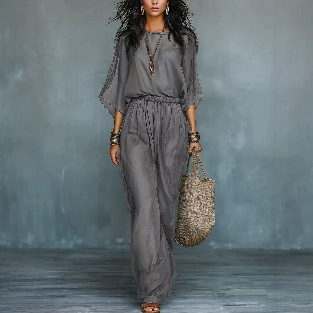 Boho Lightweight Batwing Sleeve Top & High-Waist Wide-Leg Pants Set