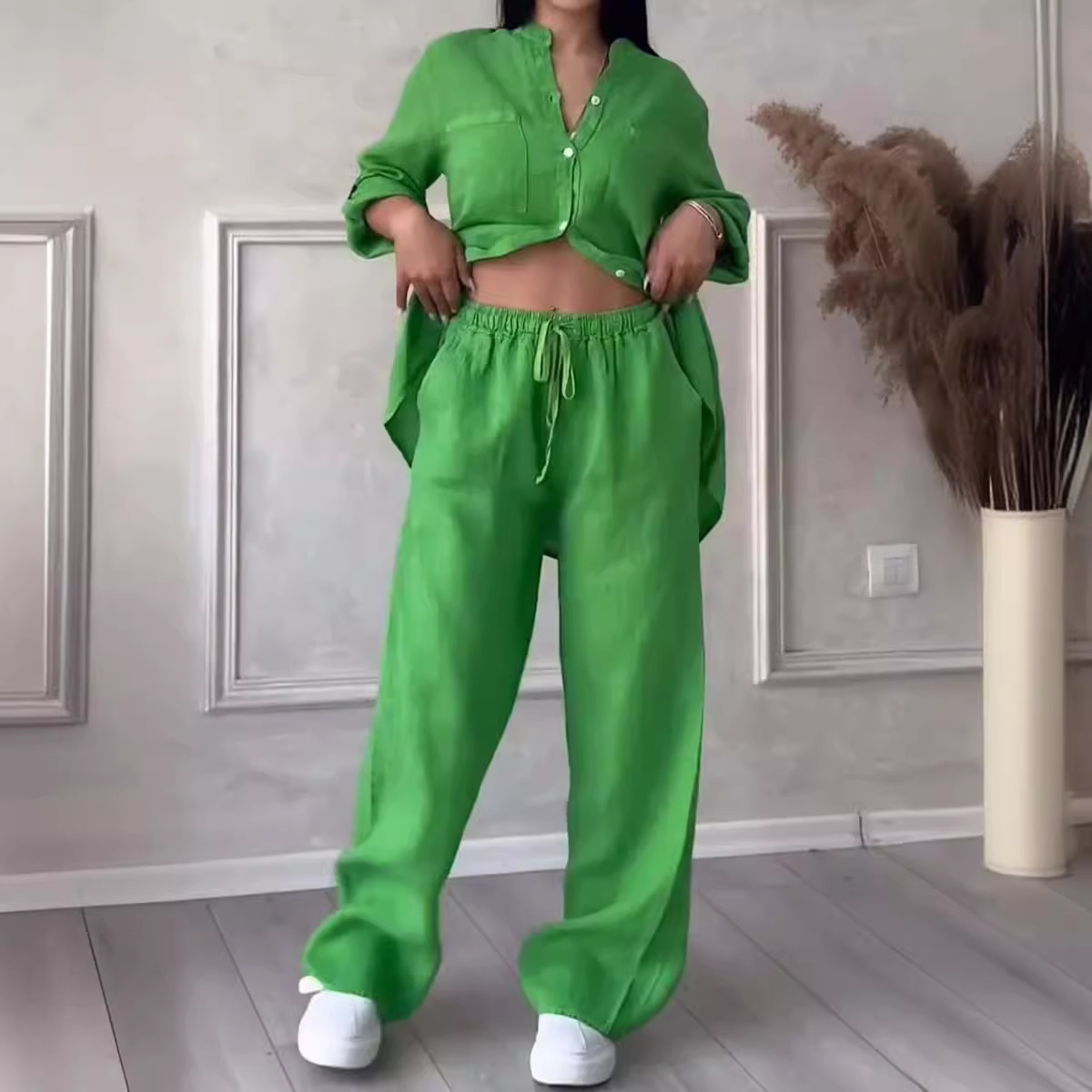 Women's Solid Color Single-Breasted Long-Sleeve Shirt and Wide-Leg Tie Pants Two-Piece Set