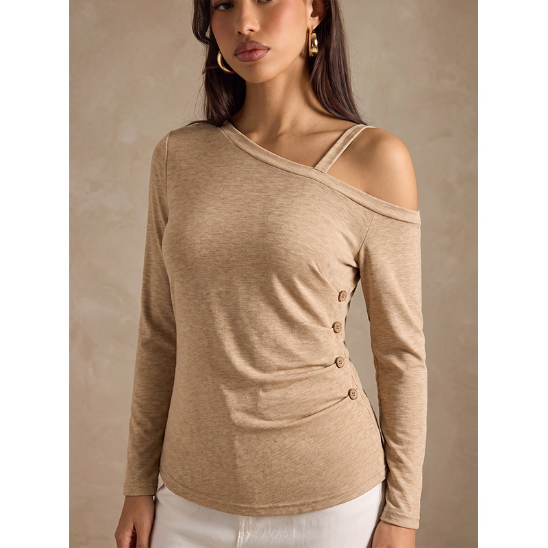 Plus Size Women's Asymmetric Off-Shoulder Long Sleeve Top with Faux Two-Piece Straps and Side Buttons