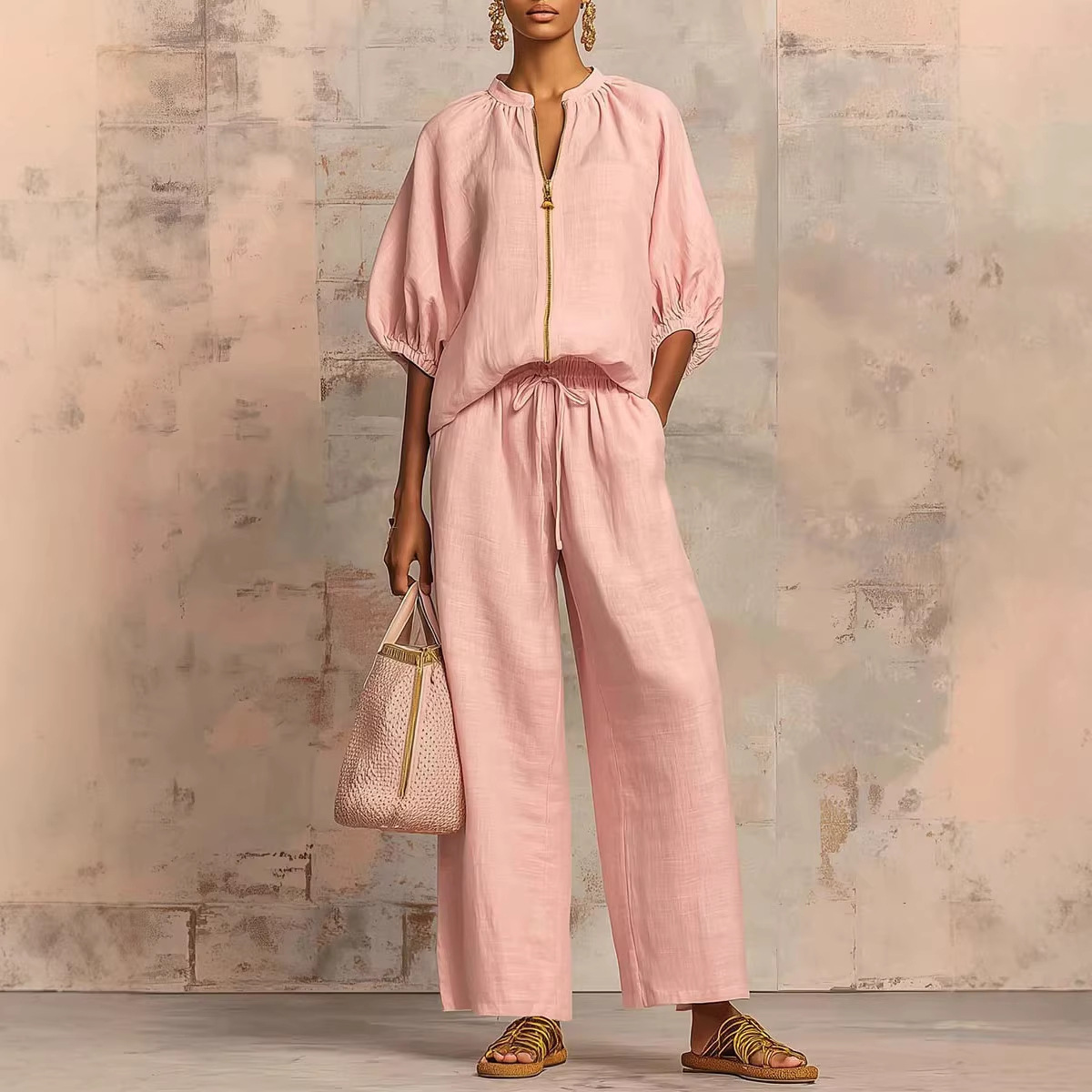 Women's Casual Solid Zip Round Neck Wide-Leg Pants Set