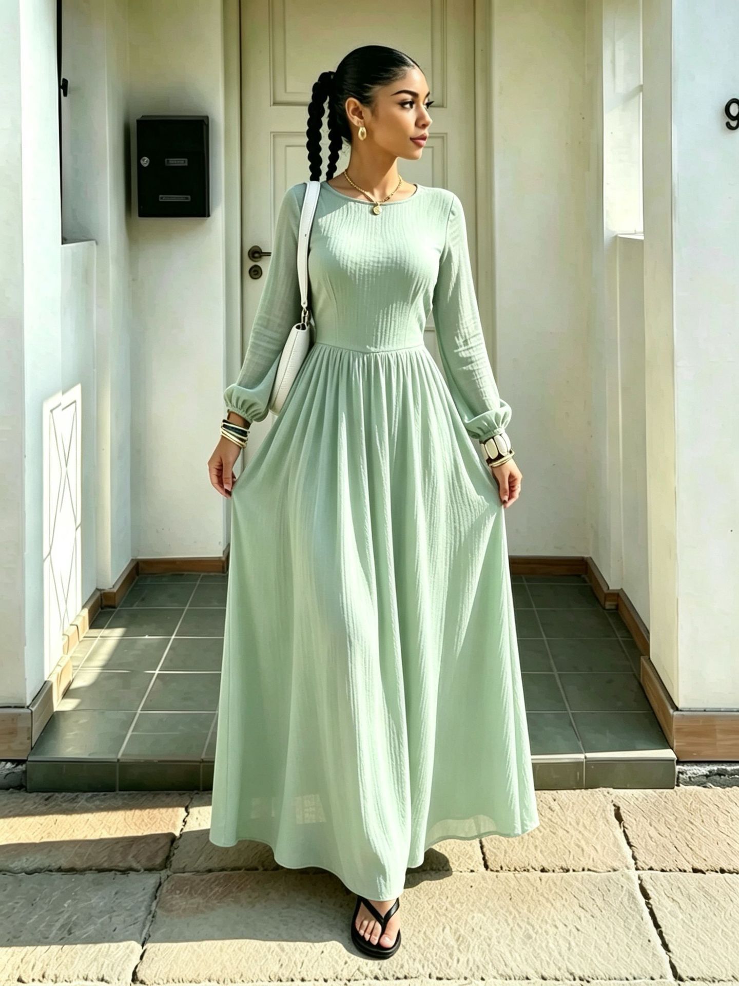 French-Style Fitted A-Line Long-Sleeve Dress with Round Neck and Cinched Waist