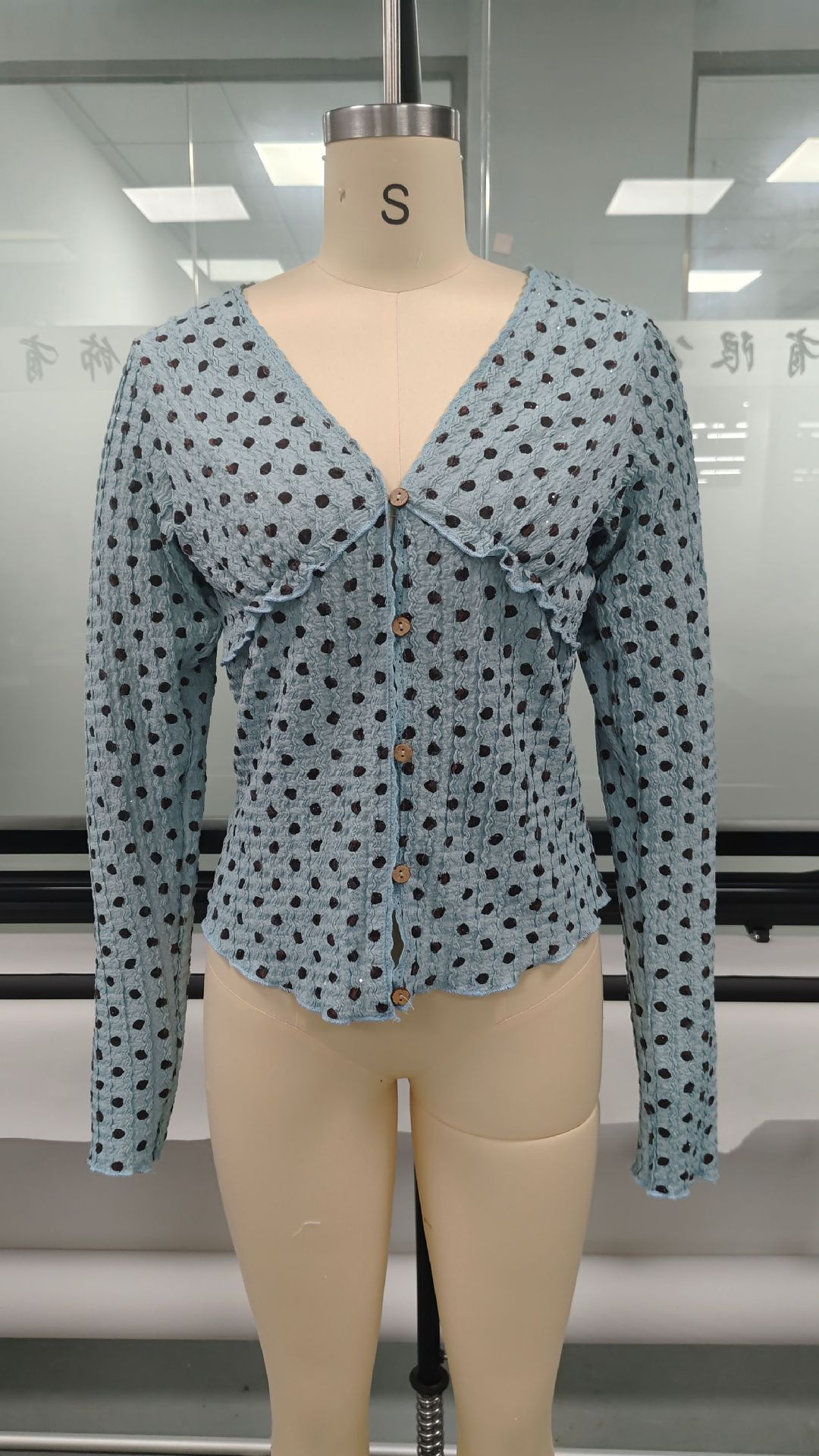 Polka Dot V-Neck Ruffle Lace Cropped Cardigan Knit Top
