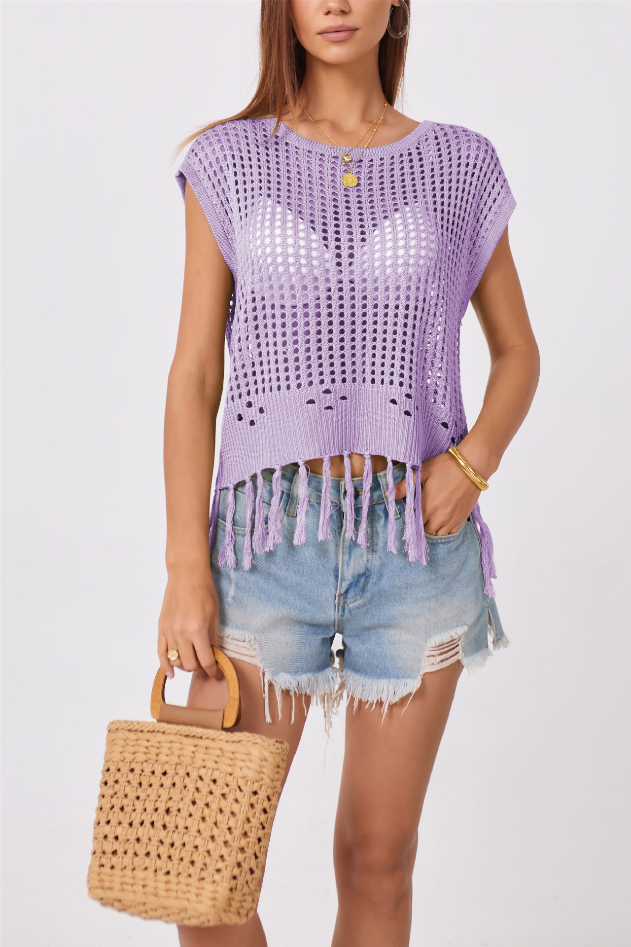 Women's Handmade Fringe Open Knit Sweater Crew Neck Loose Fit