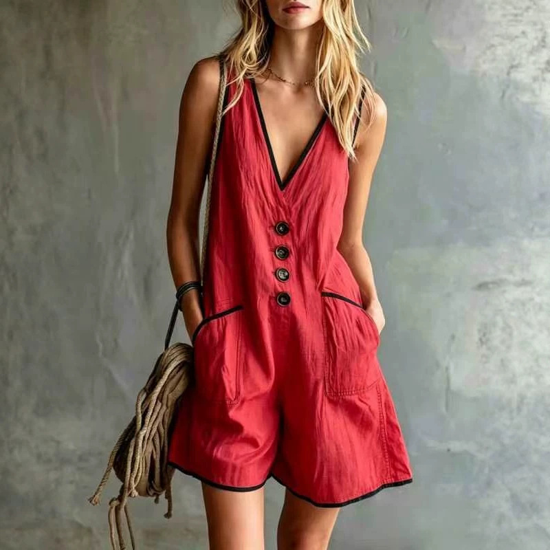 Women's Casual Loose Button Sleeveless Romper