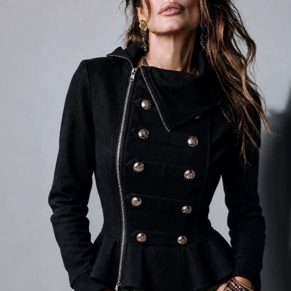 Women's Retro Solid Color Asymmetric Button Placket Ruffle Jacket