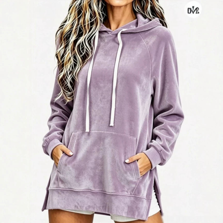 Women's Velvet Hooded Loose Mid-Length Pocket Sweatshirt