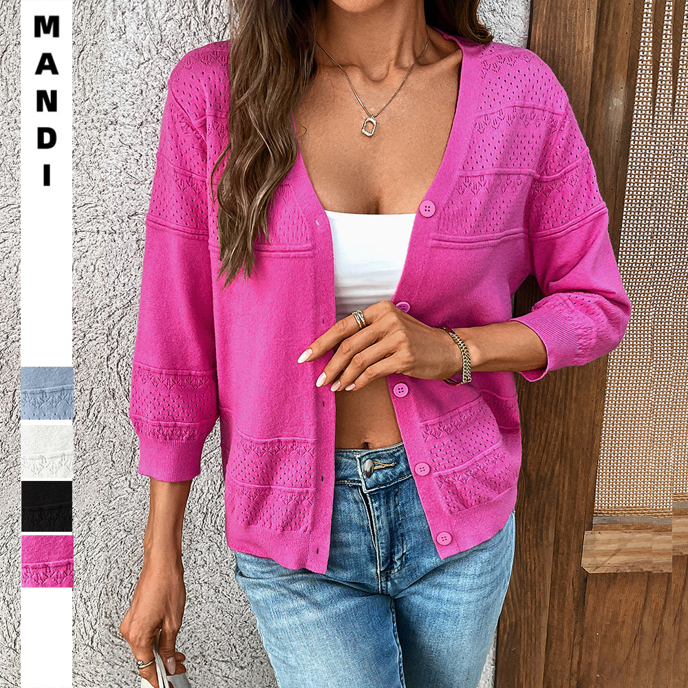 Women's Lightweight Openwork Knit V-Neck Cardigan with Three-Quarter Sleeves
