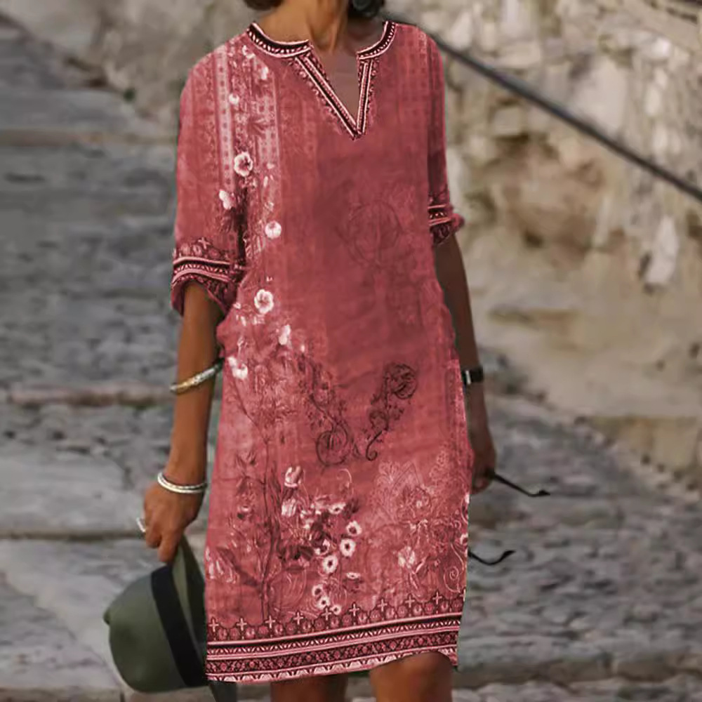 Bohemian Floral Print V-Neck Short Sleeve Midi Dress