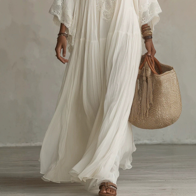 Women's Lace Panel V-Neck Long Dress with Batwing Sleeves for Beach Vacation
