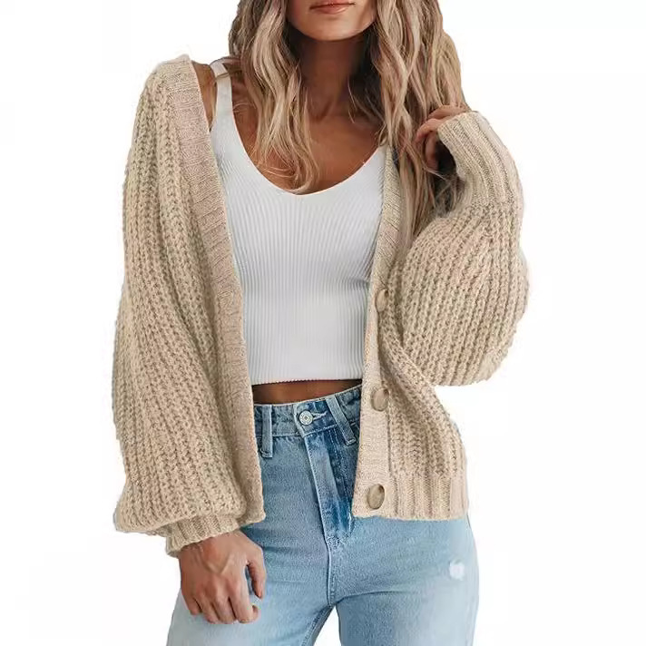 Women's Loose Knit Cardigan Sweater with Lantern Sleeves
