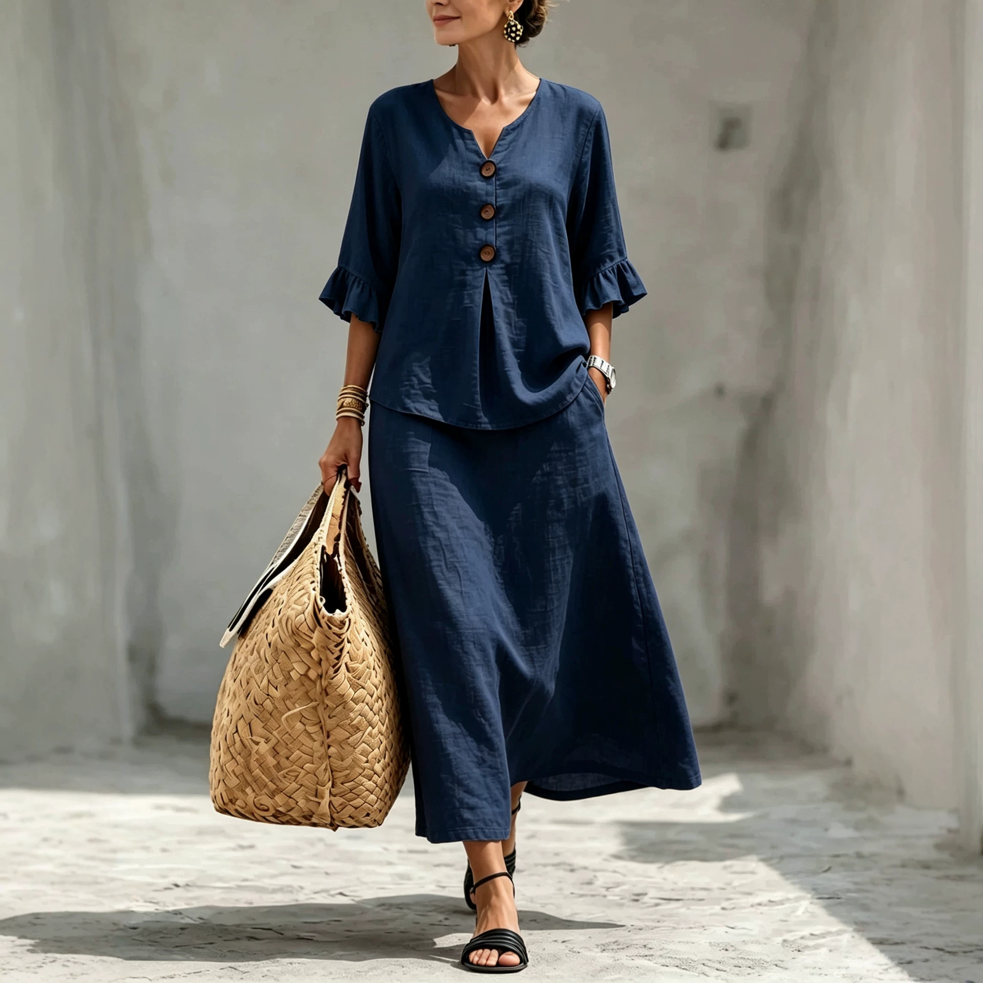 Women's Solid Button V-Neck Ruffle Three-Quarter Sleeve Top and Skirt Set