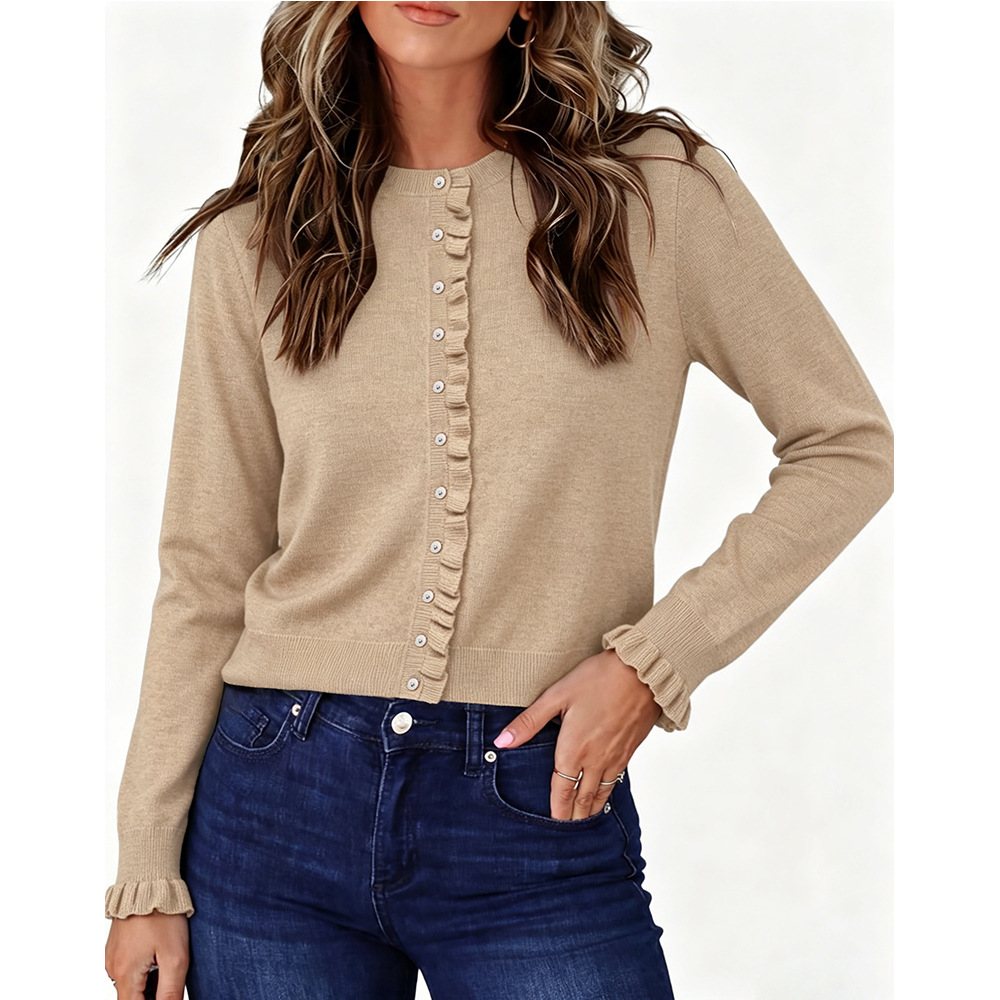 Women's Round Neck Long Sleeve Knit Cardigan with Ruffle Trim Solid Color Sweater Coat