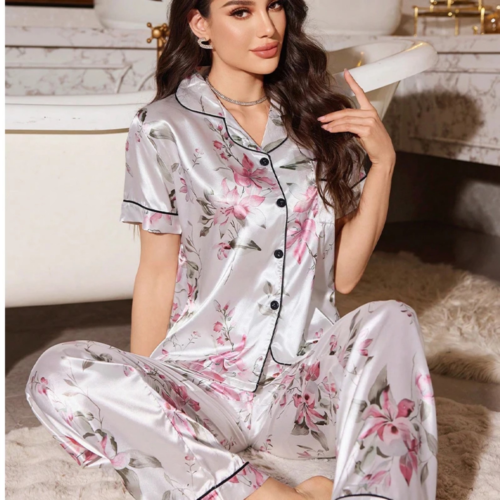 Women's Cuban Collar 3D Print Short Sleeve Shirt & Pants Loungewear Set
