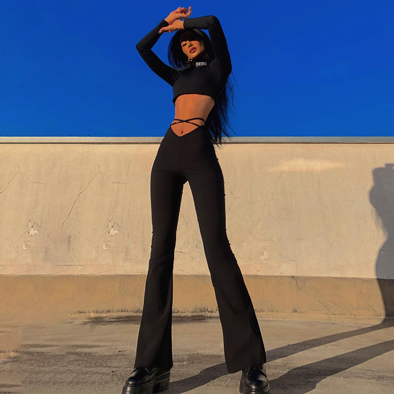 Women's Sexy High-Waist Cross-Strap Flare Pants Solid Casual Long Trousers
