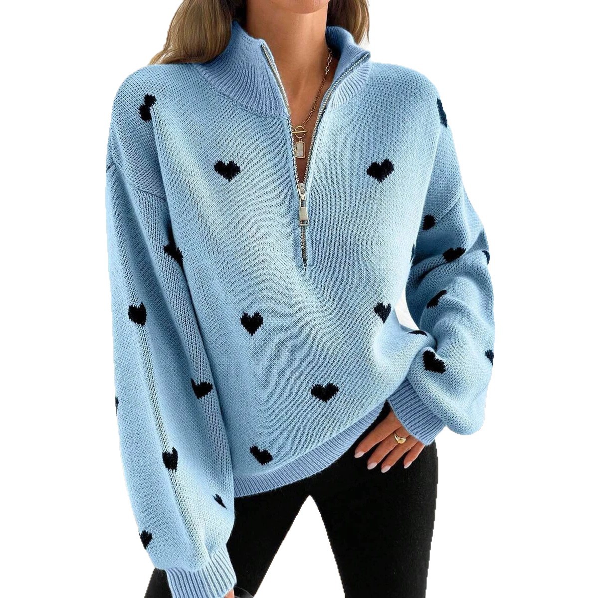 Women's Heart Pattern Half-Zip Knit Sweater Long Sleeve Turtleneck