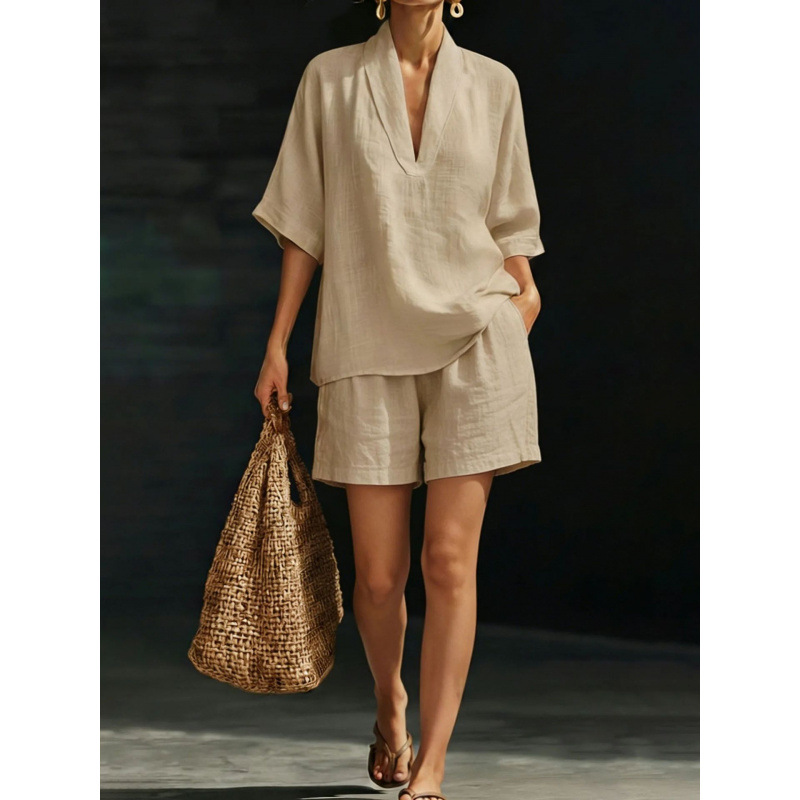Women's V-Neck Short Sleeve Wide Leg Pants Set Casual Loose Fit