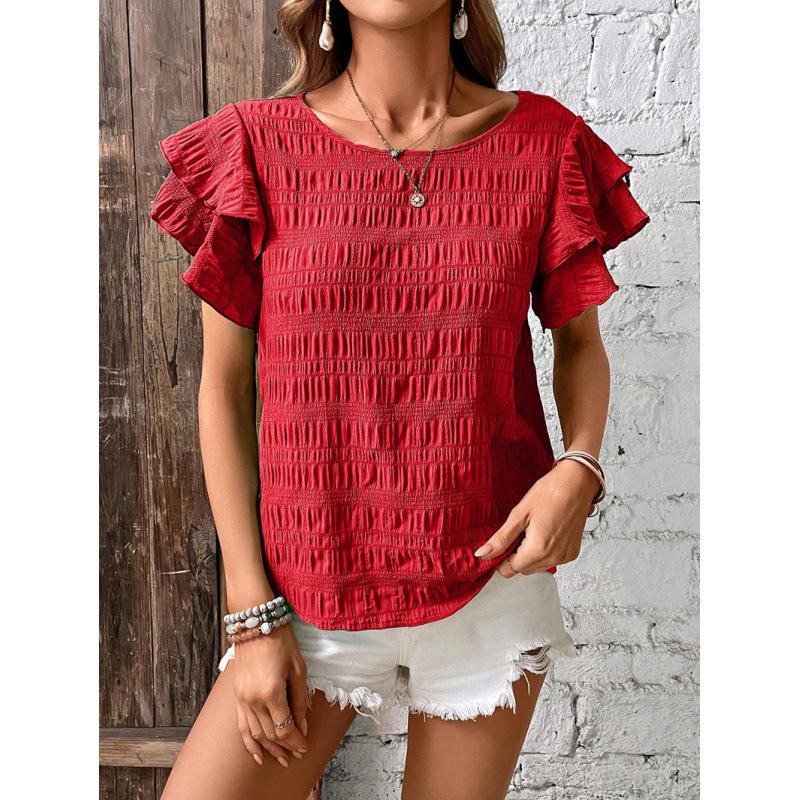 Women's Summer Double Ruffle Sleeve Round Neck Pullover T-Shirt