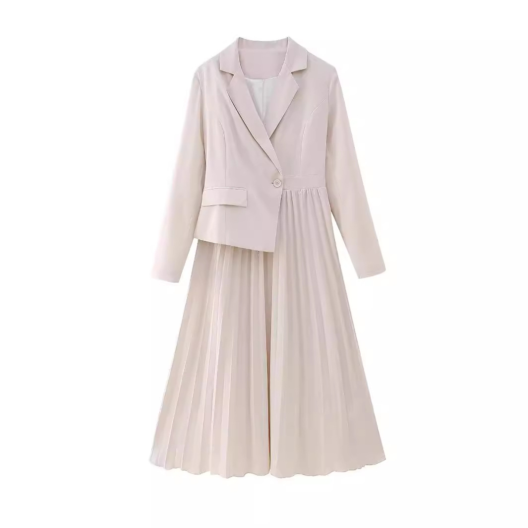 Women's Pleated Blazer Dress with Suit Collar