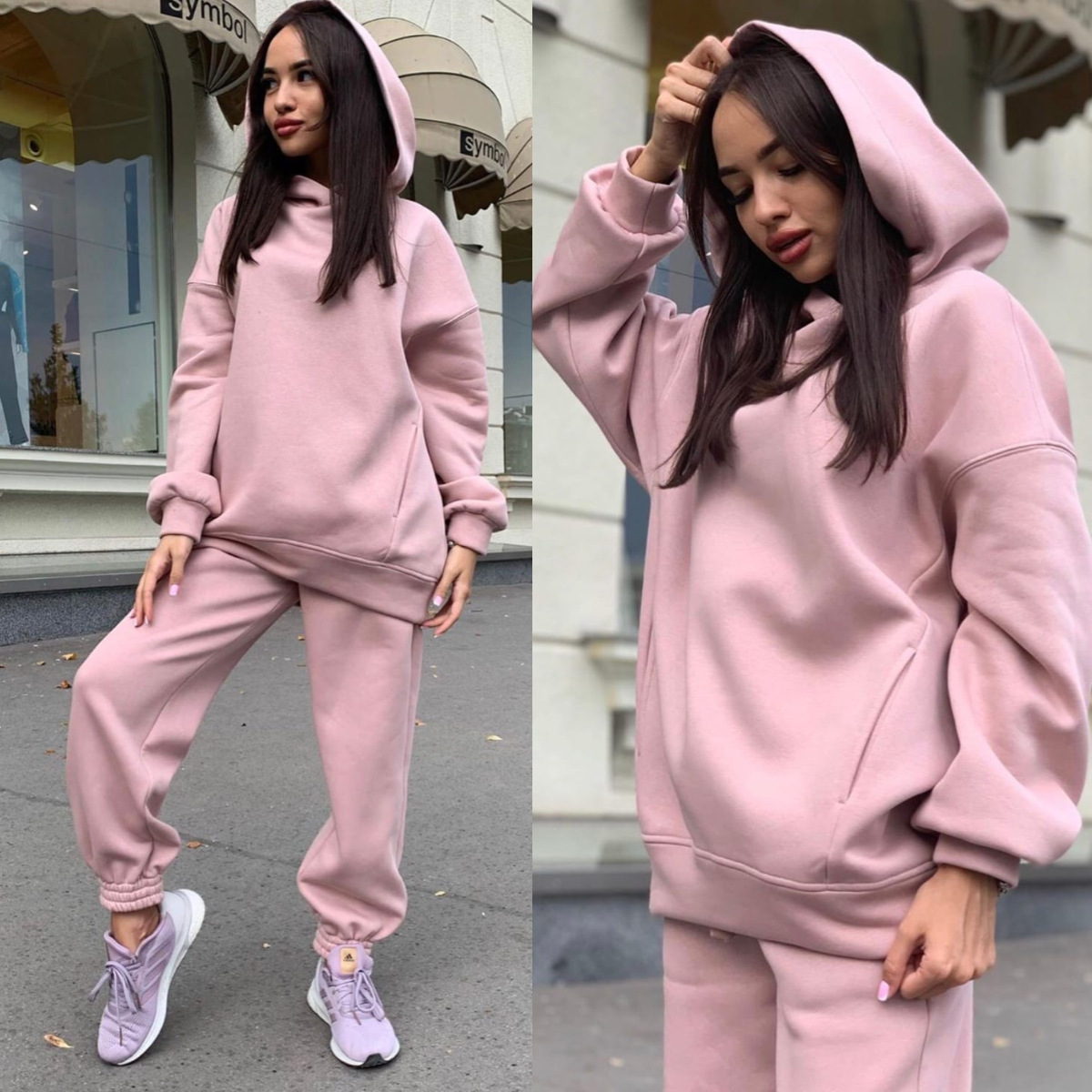 Women's Solid Color Hooded Sweatshirt Two-Piece Set Casual