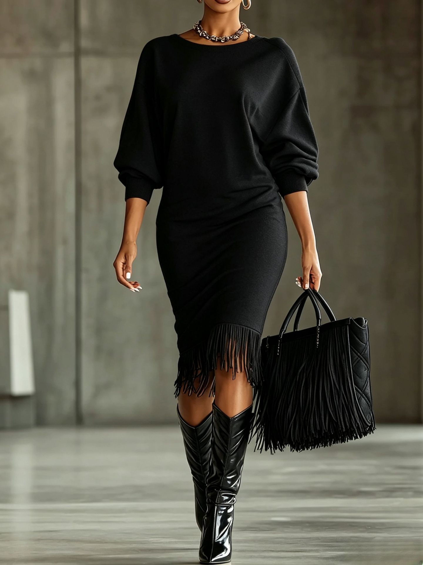 Women's Midi Fringe Dress Crew Neck Long Sleeve A-Line