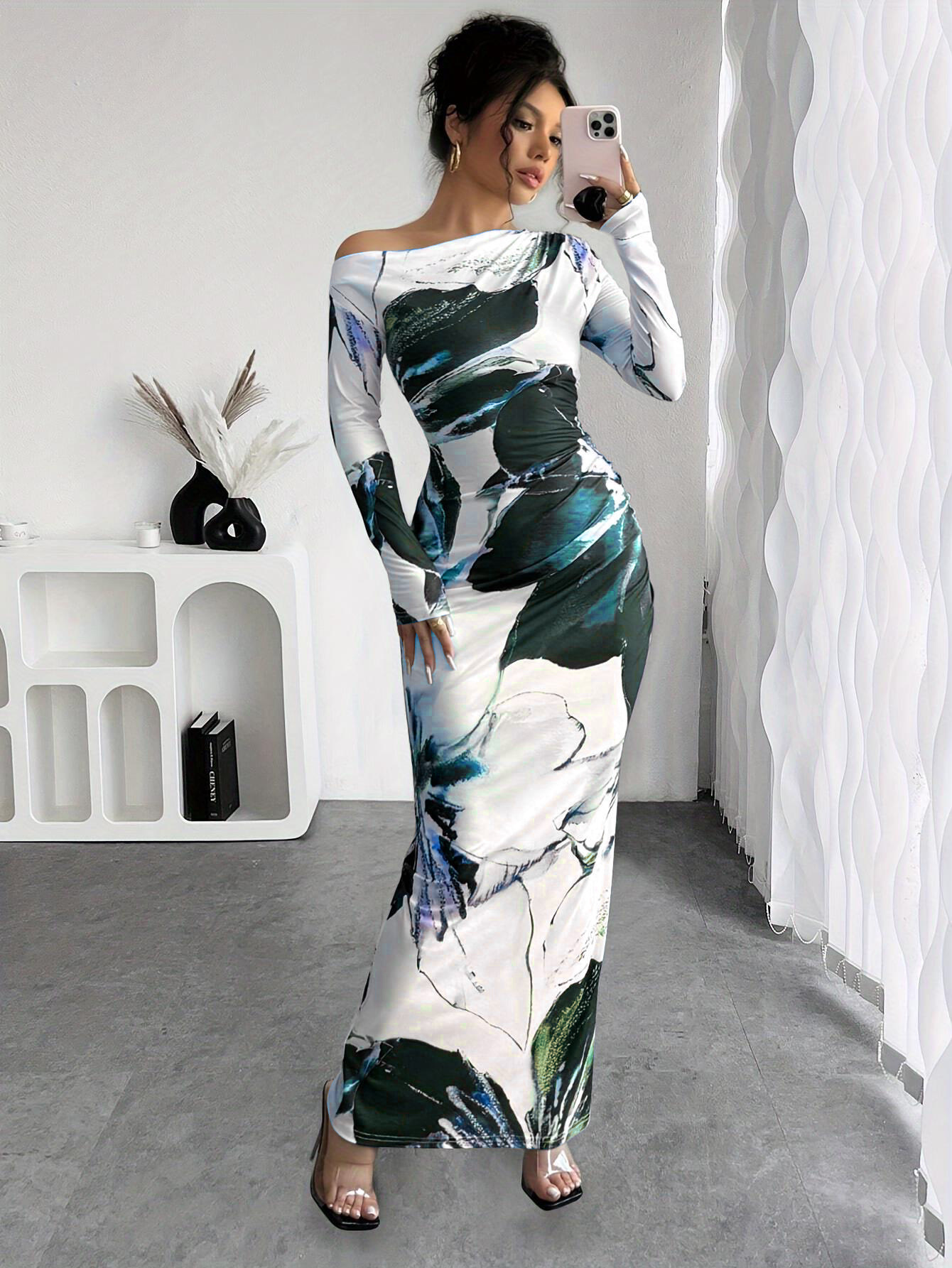 Off-Shoulder Floral Print Bodycon Long Dress