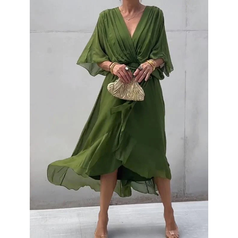 Women's Solid Color Tie-Waist Batwing Sleeve Irregular Long Dress Plus Size