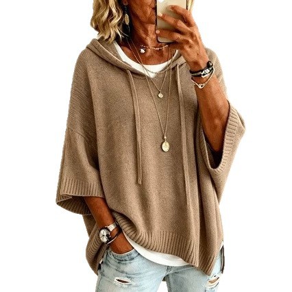 Women's Hooded Drawstring Knit Sweater Pullover