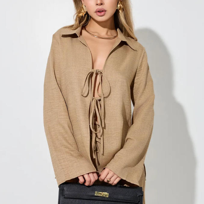 Women's Long Sleeve Tie-Front Cardigan Collared Top and Loose Pants Casual Two-Piece Set