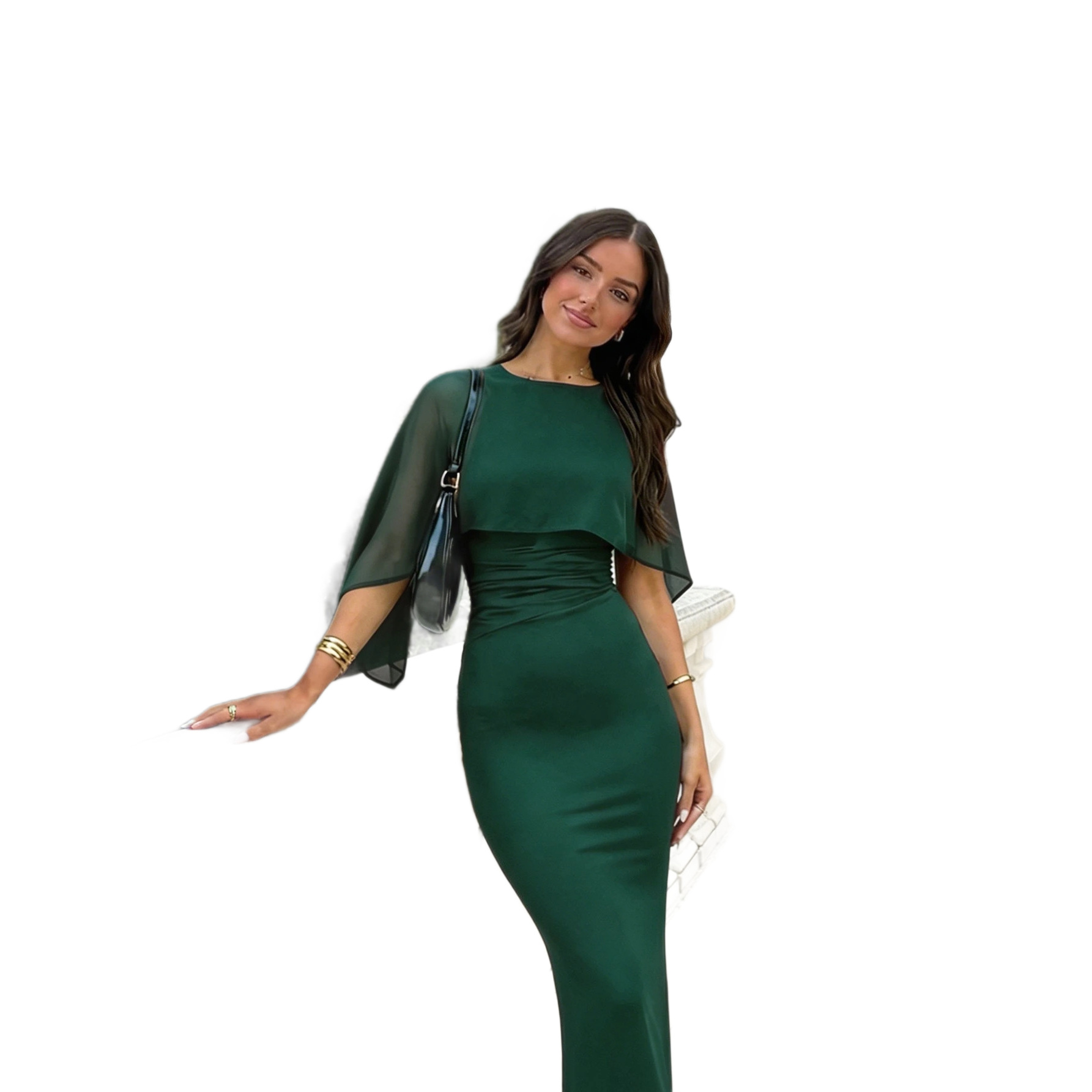 Elegant Solid Color Splice Flutter Sleeve Bodycon Long Dress