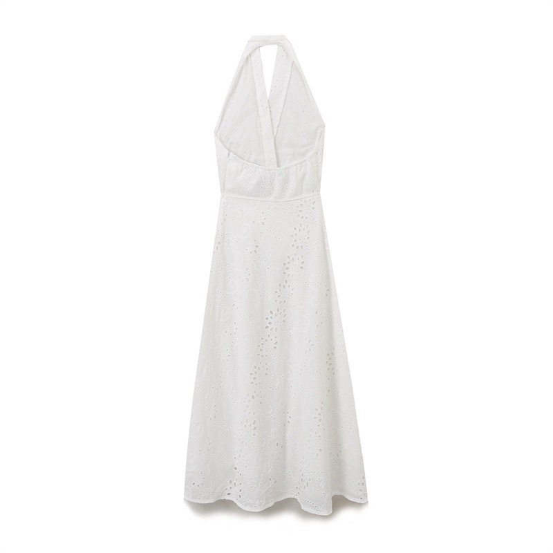 Women's Cutout Embroidered Halter Neck Waist-Cinching Dress
